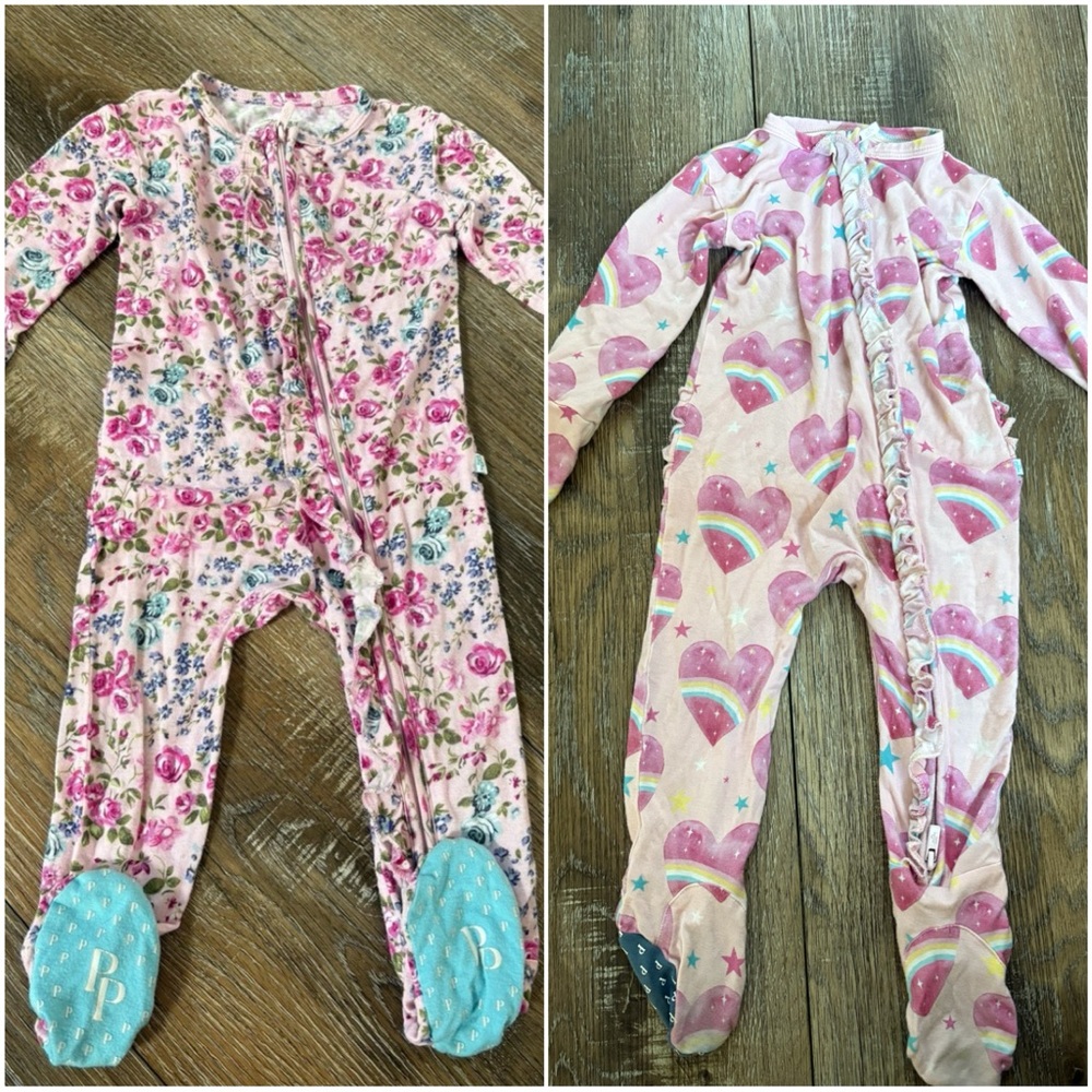 Posh peanut 6-9 months Pink Floral & Heart Rainbow Zipper Footed One-Piece baby